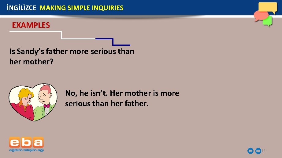 İNGİLİZCE MAKING SIMPLE INQUIRIES EXAMPLES Is Sandy’s father more serious than her mother? No,