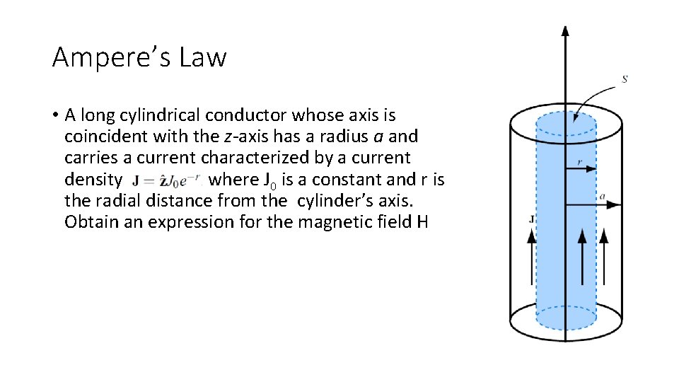 Ampere’s Law • A long cylindrical conductor whose axis is coincident with the z-axis