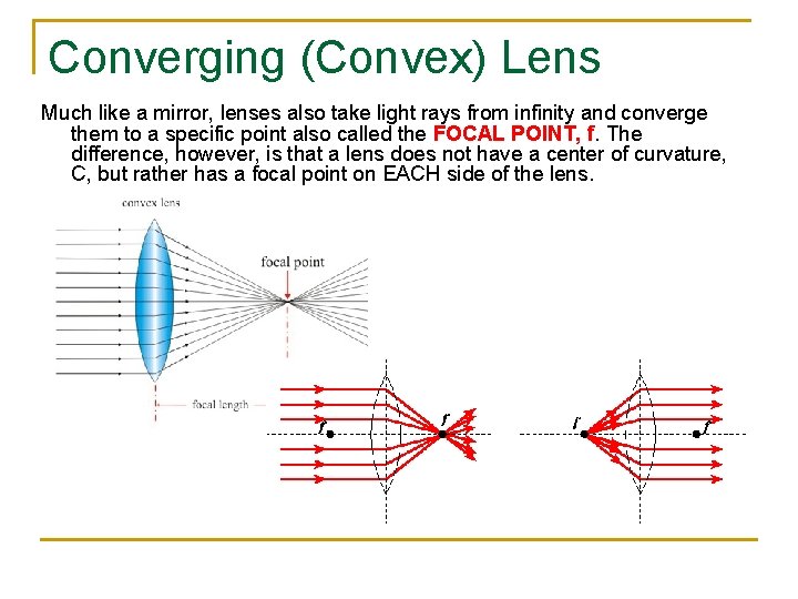 Converging (Convex) Lens Much like a mirror, lenses also take light rays from infinity