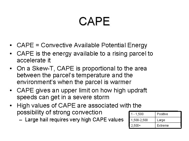 CAPE • CAPE = Convective Available Potential Energy • CAPE is the energy available