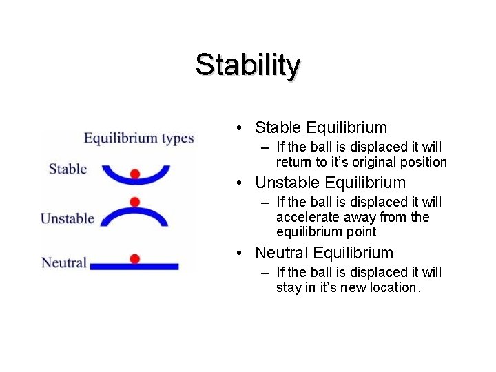 Stability • Stable Equilibrium – If the ball is displaced it will return to
