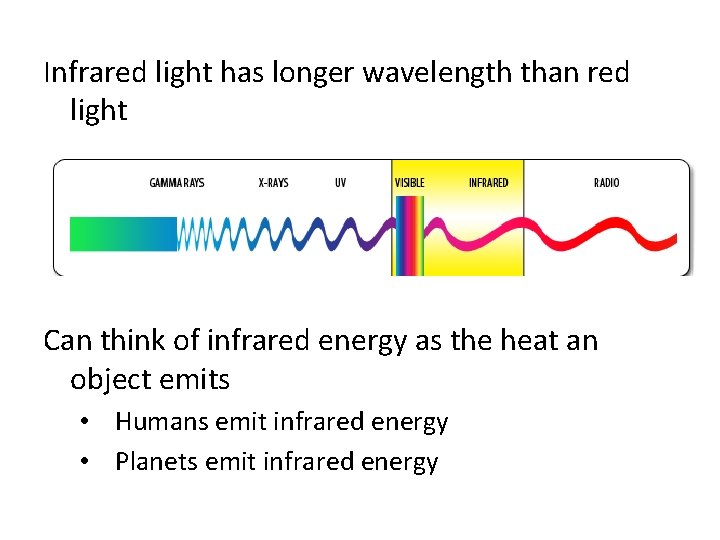 Infrared light has longer wavelength than red light Can think of infrared energy as Infrared light has longer wavelength than red light Can think of infrared energy as