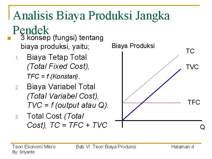n Analisis Biaya Produksi Jangka Pendek 3 konsep (fungsi) tentang biaya produksi, yaitu; 1.