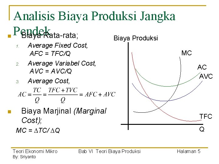 Analisis Biaya Produksi Jangka n Pendek Biaya Rata-rata; Biaya Produksi 1. 2. 3. n