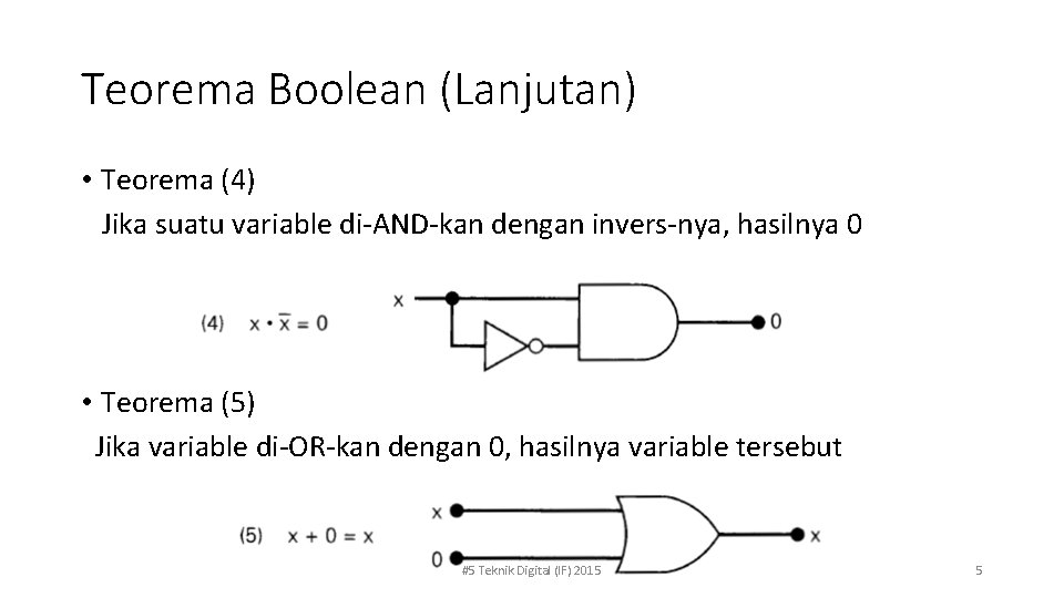 Teorema Boolean (Lanjutan) • Teorema (4) Jika suatu variable di-AND-kan dengan invers-nya, hasilnya 0