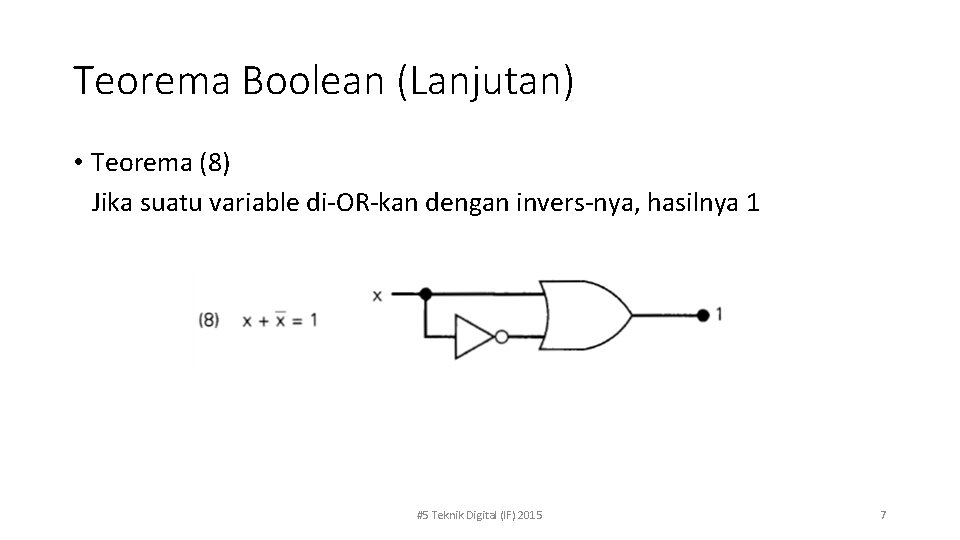Teorema Boolean (Lanjutan) • Teorema (8) Jika suatu variable di-OR-kan dengan invers-nya, hasilnya 1