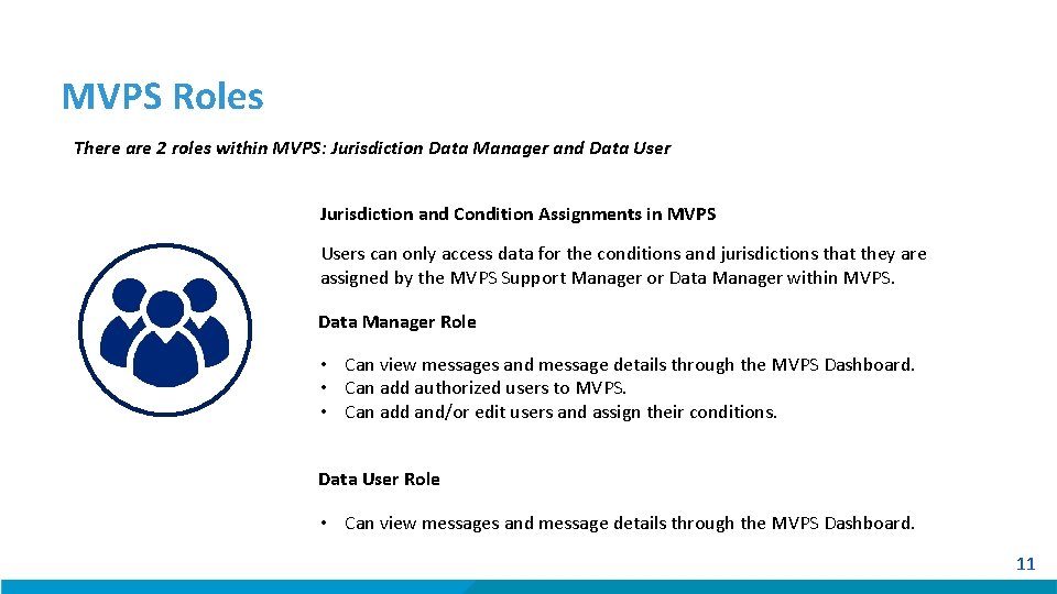 MVPS Roles There are 2 roles within MVPS: Jurisdiction Data Manager and Data User