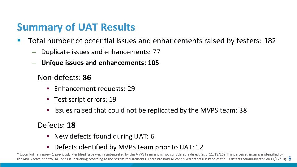 Summary of UAT Results § Total number of potential issues and enhancements raised by