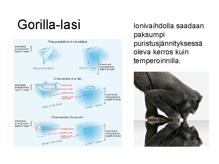 Gorilla-lasi Ionivaihdolla saadaan paksumpi puristusjännityksessä oleva kerros kuin temperoinnilla. 