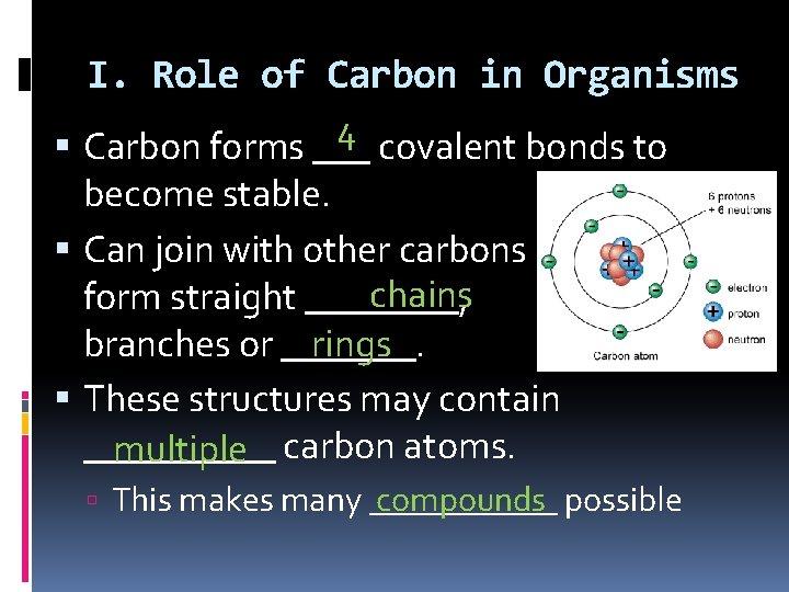 I. Role of Carbon in Organisms 4 Carbon forms ___ covalent bonds to become