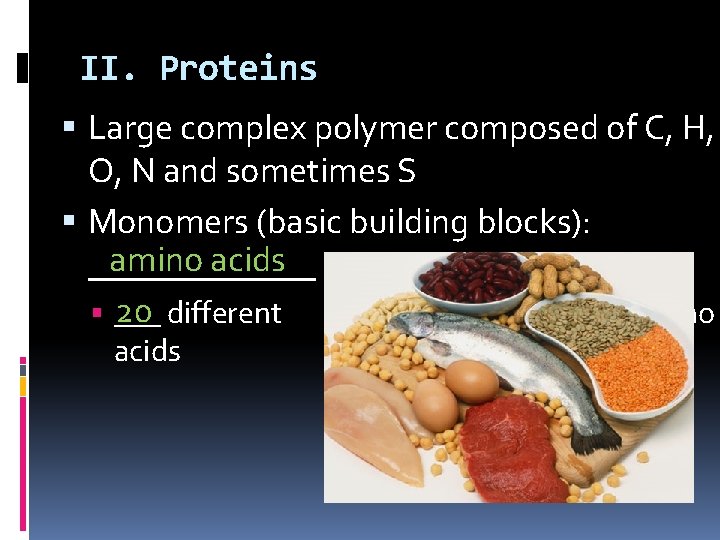 II. Proteins Large complex polymer composed of C, H, O, N and sometimes S