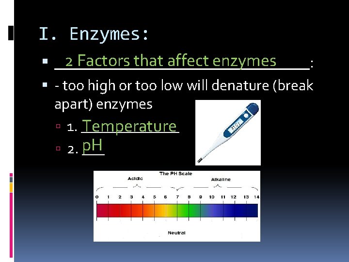 I. Enzymes: 2 Factors that affect enzymes _______________: - too high or too low