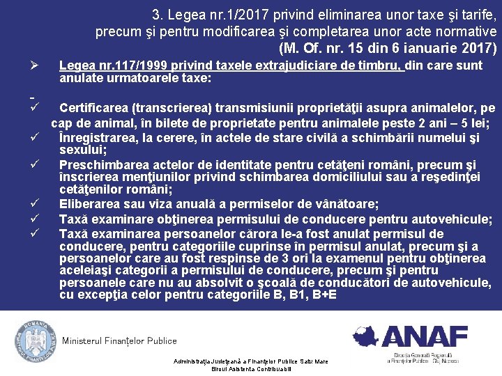 3. Legea nr. 1/2017 privind eliminarea unor taxe şi tarife, precum şi pentru modificarea 3. Legea nr. 1/2017 privind eliminarea unor taxe şi tarife, precum şi pentru modificarea