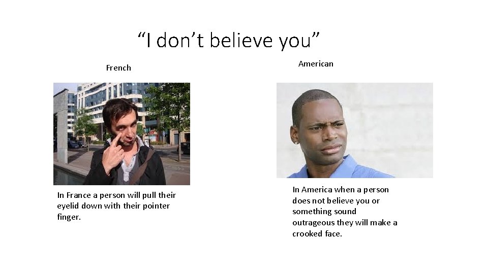 “I don’t believe you” French In France a person will pull their eyelid down