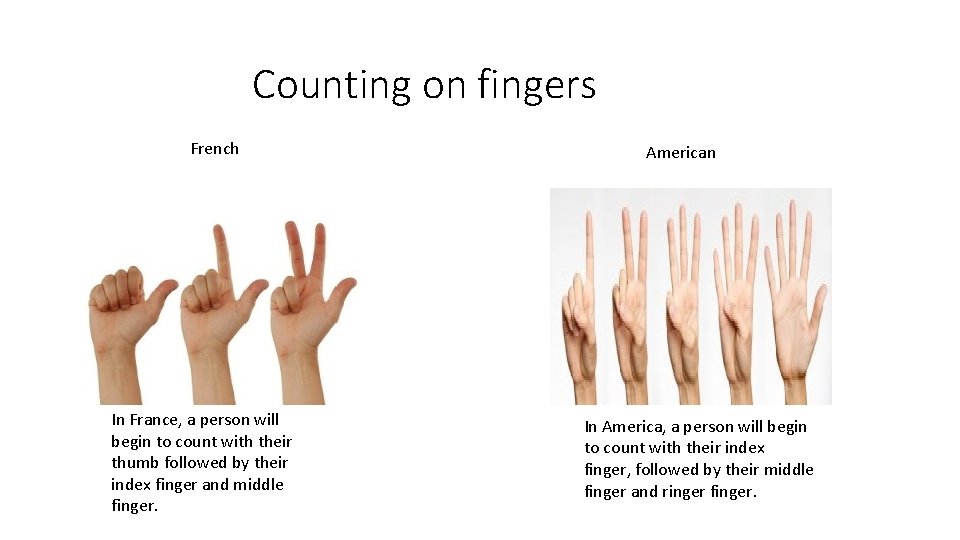 Counting on fingers French In France, a person will begin to count with their