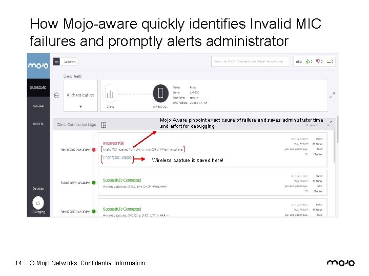 How Mojo-aware quickly identifies Invalid MIC failures and promptly alerts administrator Mojo Aware pinpoint
