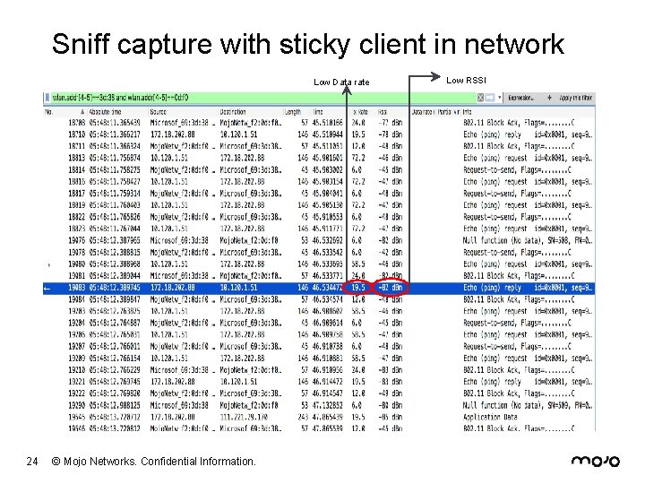 Sniff capture with sticky client in network Low Data rate 24 © Mojo Networks.