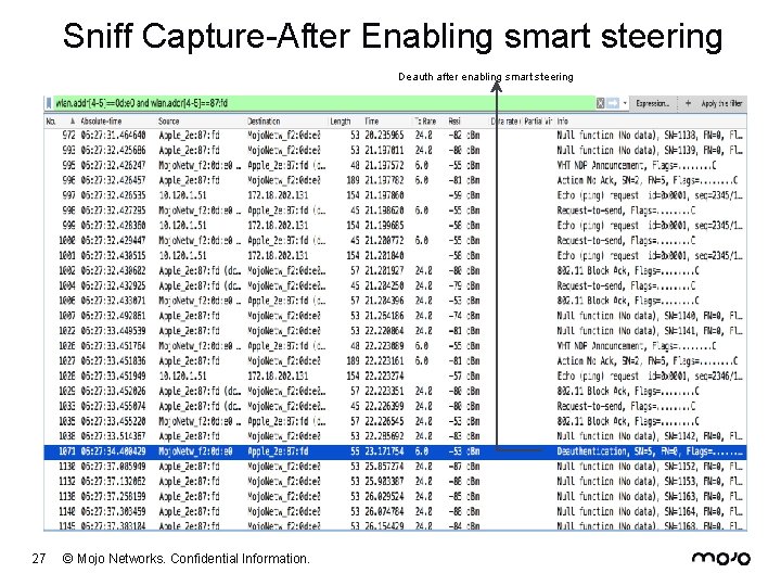 Sniff Capture-After Enabling smart steering Deauth after enabling smart steering 27 © Mojo Networks.