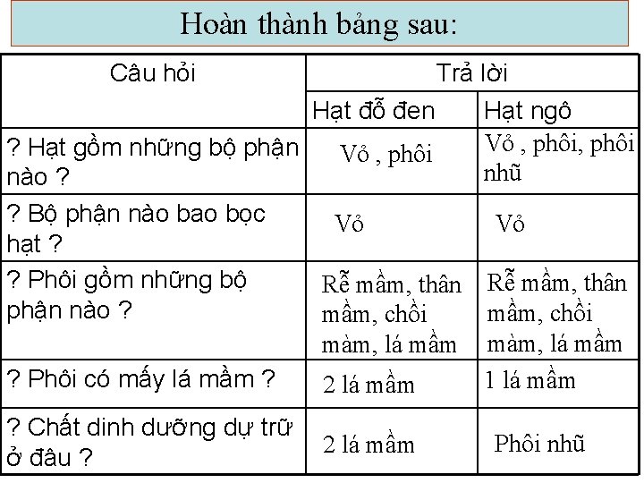 Hoàn thành bảng sau: Câu hỏi Trả lời Hạt đỗ đen Hạt ngô Vỏ
