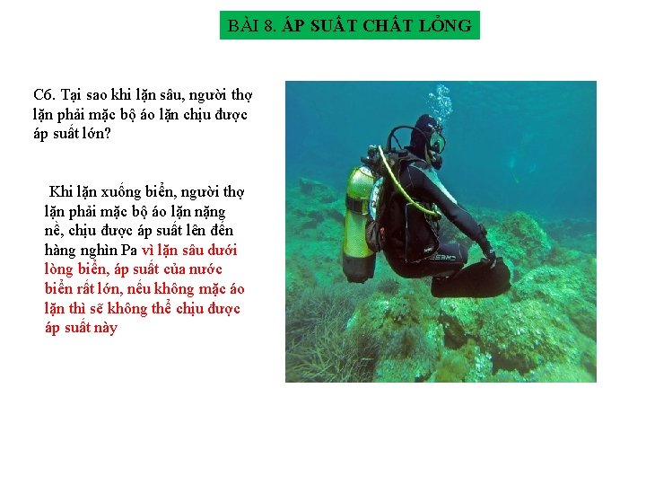 BÀI 8. ÁP SUẤT CHẤT LỎNG C 6. Tại sao khi lặn sâu, người