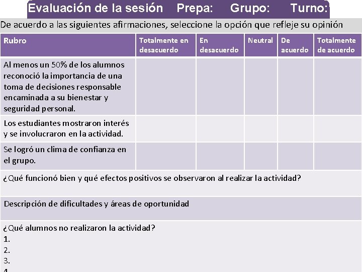 Evaluación de la sesión Prepa: Grupo: Turno: De acuerdo a las siguientes afirmaciones, seleccione Evaluación de la sesión Prepa: Grupo: Turno: De acuerdo a las siguientes afirmaciones, seleccione