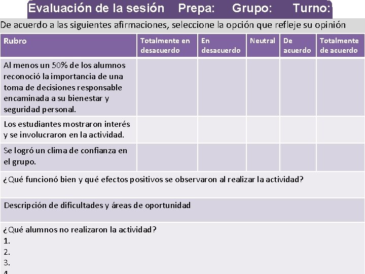 Evaluación de la sesión Prepa: Grupo: Turno: De acuerdo a las siguientes afirmaciones, seleccione