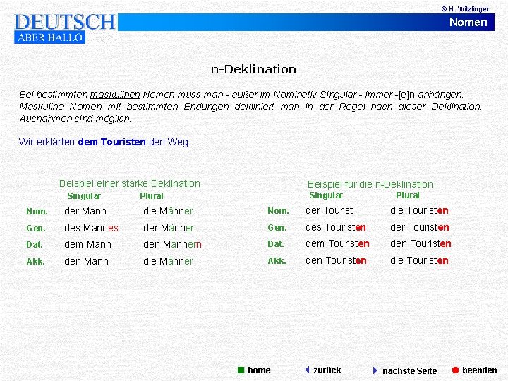 © H. Witzlinger Nomen n-Deklination Bei bestimmten maskulinen Nomen muss man - außer im