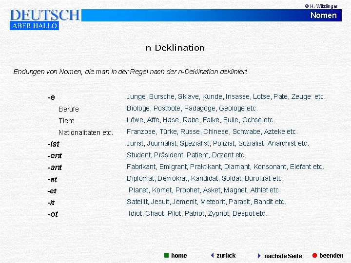 © H. Witzlinger Nomen n-Deklination Endungen von Nomen, die man in der Regel nach