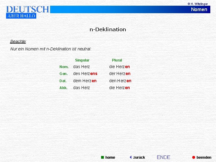 © H. Witzlinger Nomen n-Deklination Beachte: Nur ein Nomen mit n-Deklination ist neutral: Singular