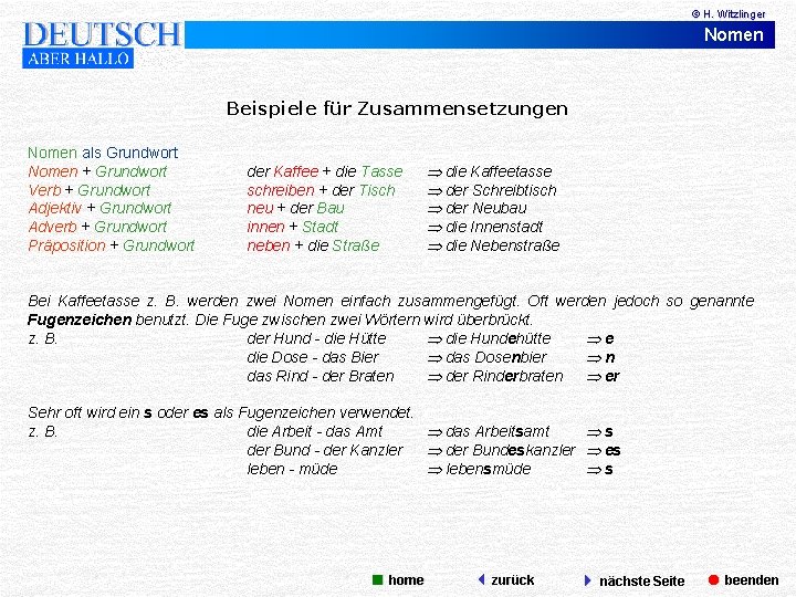 © H. Witzlinger Nomen Beispiele für Zusammensetzungen Nomen als Grundwort Nomen + Grundwort Verb