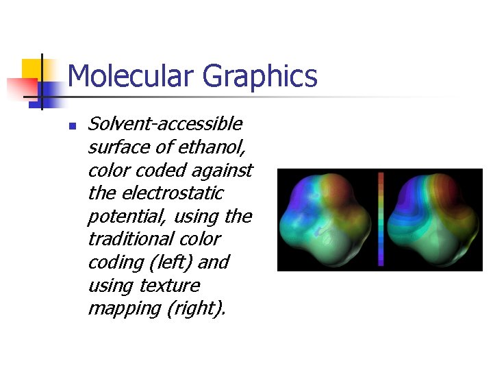 Molecular Graphics n Solvent-accessible surface of ethanol, color coded against the electrostatic potential, using
