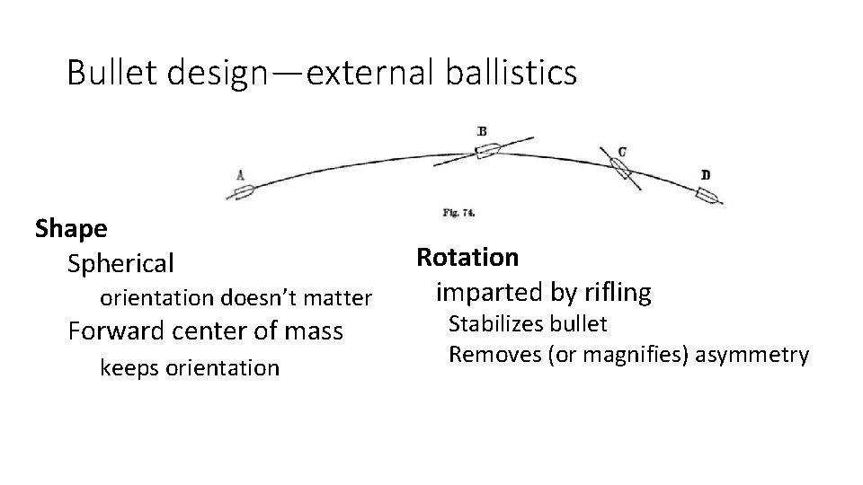 Bullet design—external ballistics Shape Spherical orientation doesn’t matter Forward center of mass keeps orientation