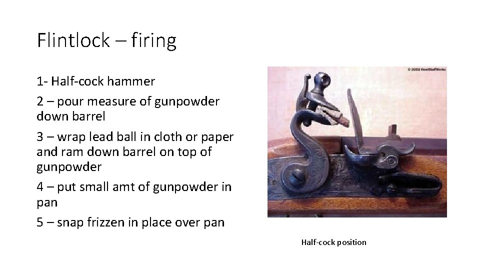 Flintlock – firing 1 - Half-cock hammer 2 – pour measure of gunpowder down