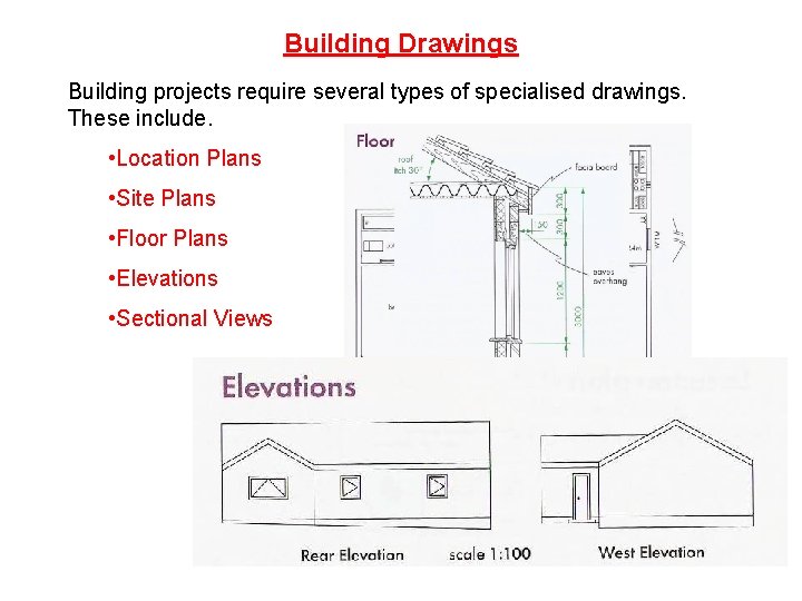 Building Drawings Building projects require several types of specialised drawings. These include. • Location