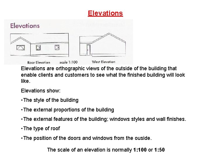 Elevations are orthographic views of the outside of the building that enable clients and