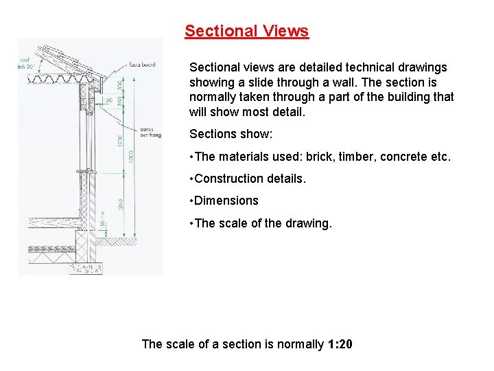 Sectional Views Sectional views are detailed technical drawings showing a slide through a wall.