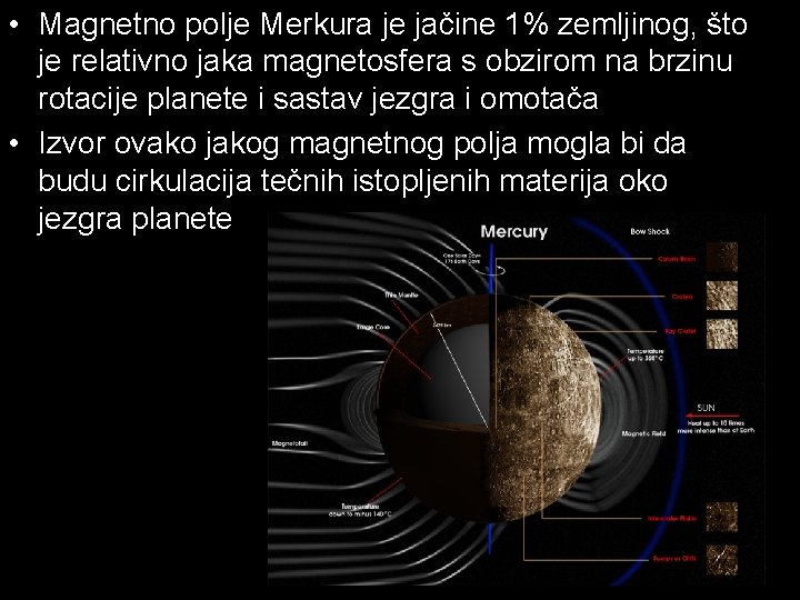  • Magnetno polje Merkura je jačine 1% zemljinog, što je relativno jaka magnetosfera