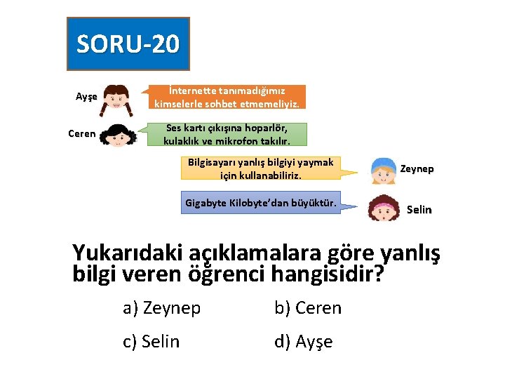 SORU-20 Ayşe Ceren İnternette tanımadığımız kimselerle sohbet etmemeliyiz. Ses kartı çıkışına hoparlör, kulaklık ve