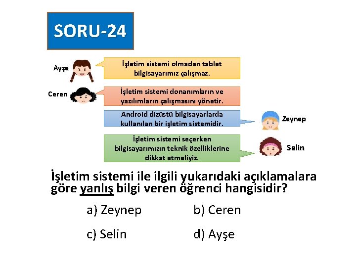 SORU-24 Ayşe İşletim sistemi olmadan tablet bilgisayarımız çalışmaz. Ceren İşletim sistemi donanımların ve yazılımların