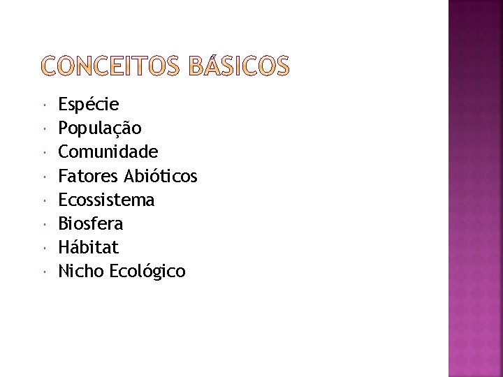  Espécie População Comunidade Fatores Abióticos Ecossistema Biosfera Hábitat Nicho Ecológico 