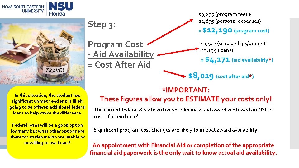 Step 3: Program Cost - Aid Availability = Cost After Aid $9, 295 (program