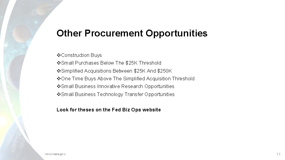 Other Procurement Opportunities v. Construction Buys v. Small Purchases Below The $25 K Threshold