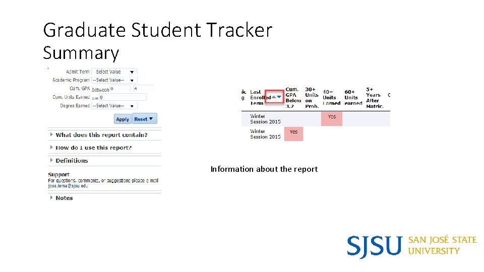Graduate Student Tracker Summary Information about the report 