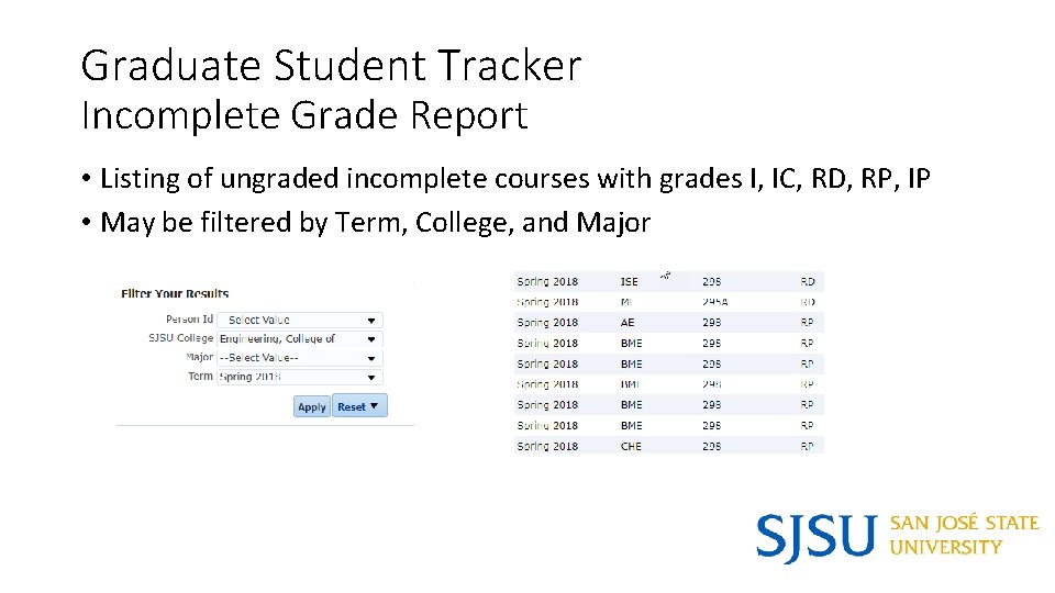 Graduate Student Tracker Incomplete Grade Report • Listing of ungraded incomplete courses with grades
