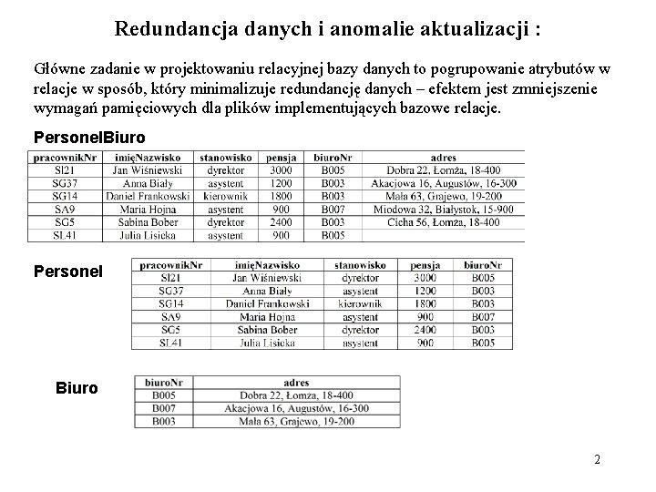 Redundancja danych i anomalie aktualizacji : Główne zadanie w projektowaniu relacyjnej bazy danych to