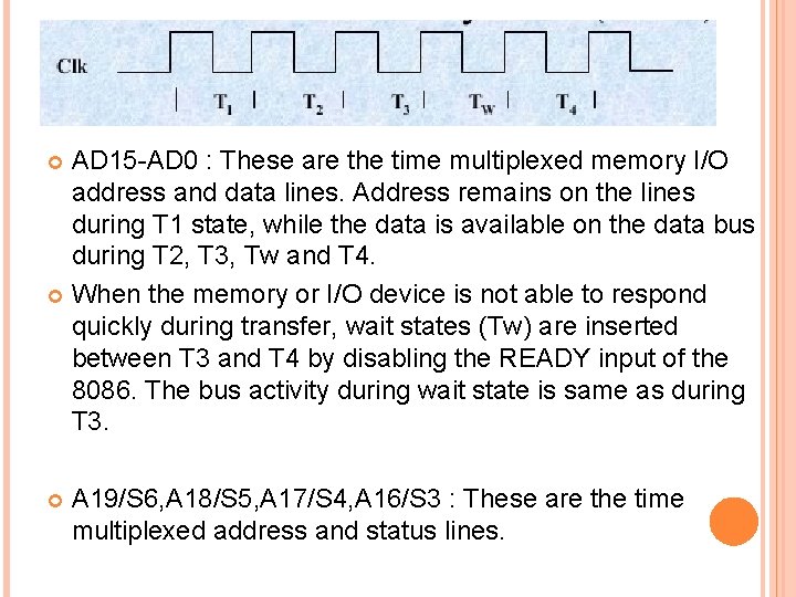 AD 15 -AD 0 : These are the time multiplexed memory I/O address and