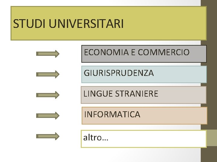 STUDI UNIVERSITARI ECONOMIA E COMMERCIO GIURISPRUDENZA LINGUE STRANIERE INFORMATICA altro… 