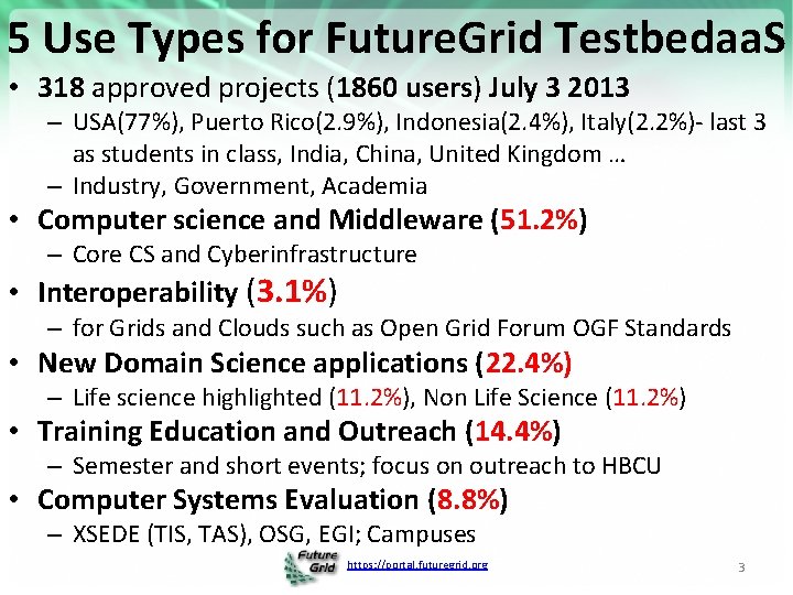 5 Use Types for Future. Grid Testbedaa. S • 318 approved projects (1860 users)