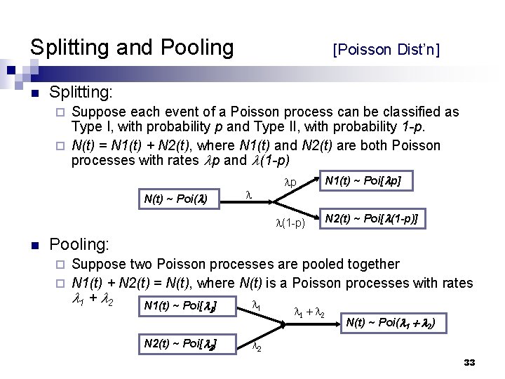 Splitting and Pooling n [Poisson Dist’n] Splitting: Suppose each event of a Poisson process