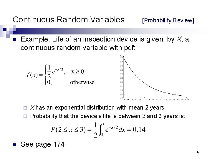 Continuous Random Variables n [Probability Review] Example: Life of an inspection device is given